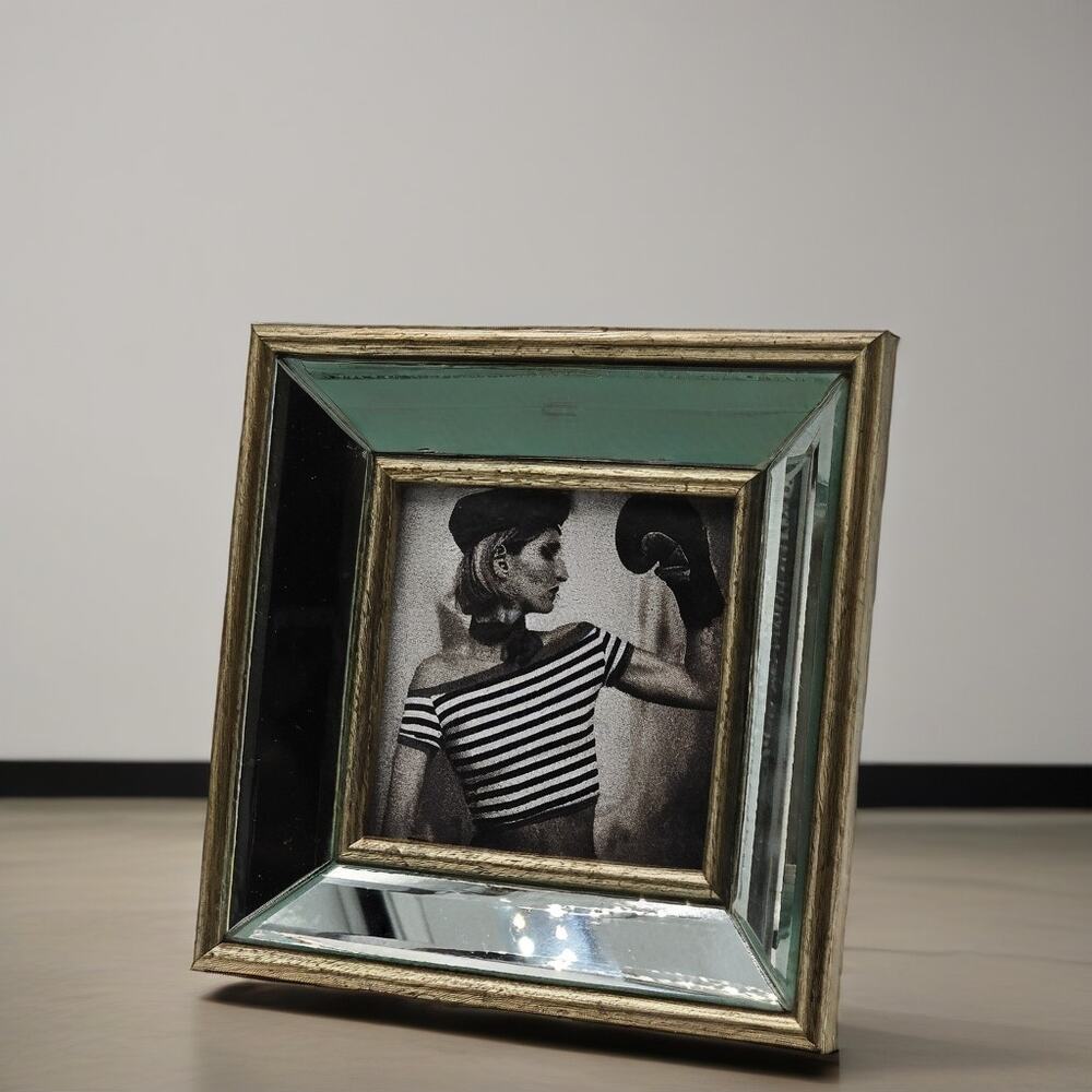 Vintage Silver Beveled Mirror Picture Frame Tabletop or Wall Holds 4x4 Photo